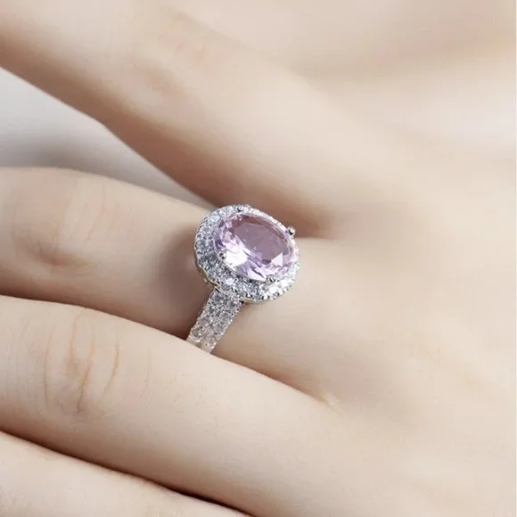 925 Sterling Silver Luxury Pink Crystal Shiny Rhinestone Ring Jewelry En… - Picture 5 of 5